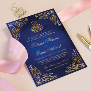 Invitation Cadre Or Ornate Bleu islamique Mariage musulman