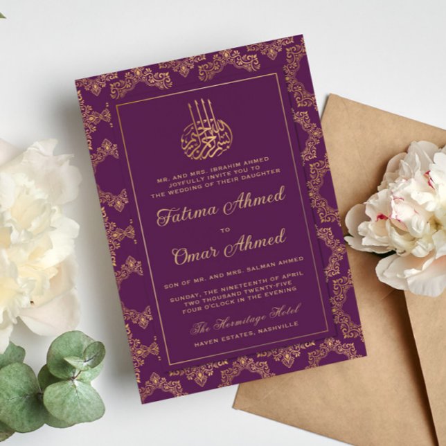 Invitation Cadre Or Ornate Purple Islamique Mariage musulman (Créateur téléchargé)
