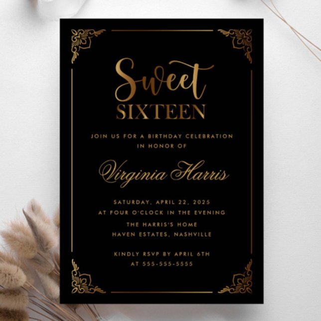 Invitation Cadre Or Ornate Sweet sixteen noir 16 Anniversaire (Créateur téléchargé)