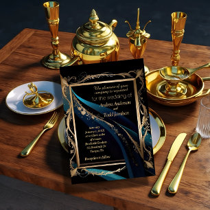 Invitation Cadre or orné turquoise bleu noir mariage