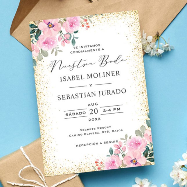 Invitation Cadre Or Rose Floral Nuestra Boda Espagnol (Créateur téléchargé)