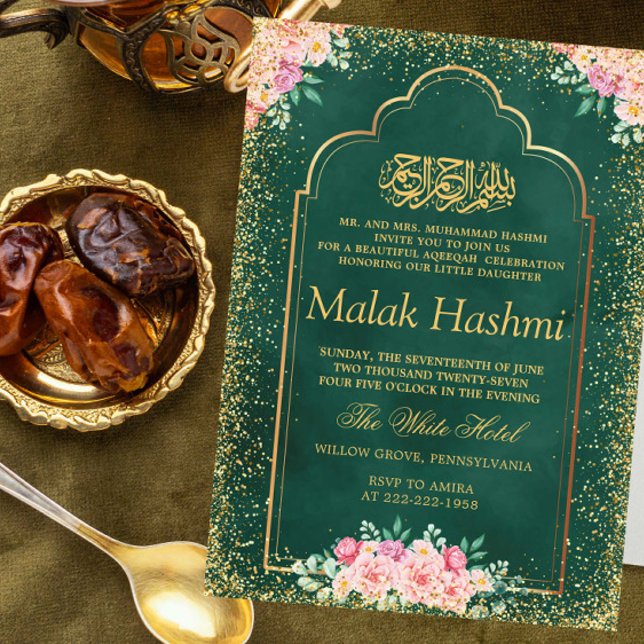 Invitation Cadre Or rose Floral Vert islamique Aqiqa Aqeeqah (Créateur téléchargé)