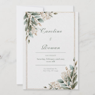 Invitation Cadre Or Rustique Fleurs Blanches d'Eucalyptus Mar