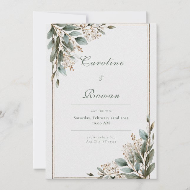 Invitation Cadre Or Rustique Fleurs Blanches d'Eucalyptus Mar (Devant)