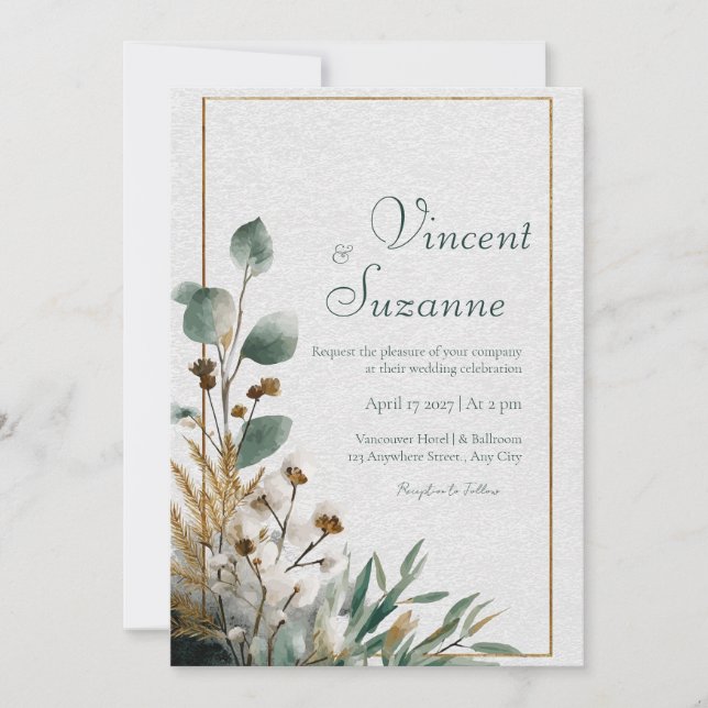 Invitation Cadre Or Rustique Orchidée Eucalyptus Botanique (Devant)