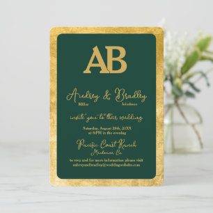 Invitation Cadre Or Texture Verte 2 Lettre Monogramme Mariage