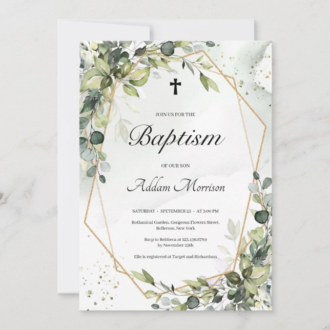 Invitation Cadre or verdure feuillage feuille boho baptism (Devant)