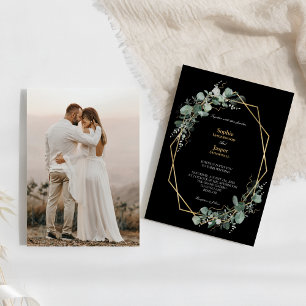 Invitation Cadre or vert Simple Mariage photo noir