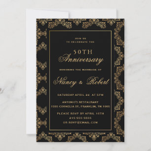 Invitation Cadre Ornate Or Black 50e anniversaire Mariage