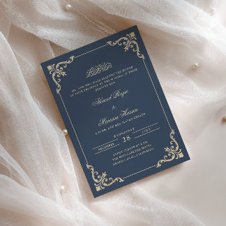 Invitation Cadre Orné Cérémonie Walima Bleu Nuit Or Script