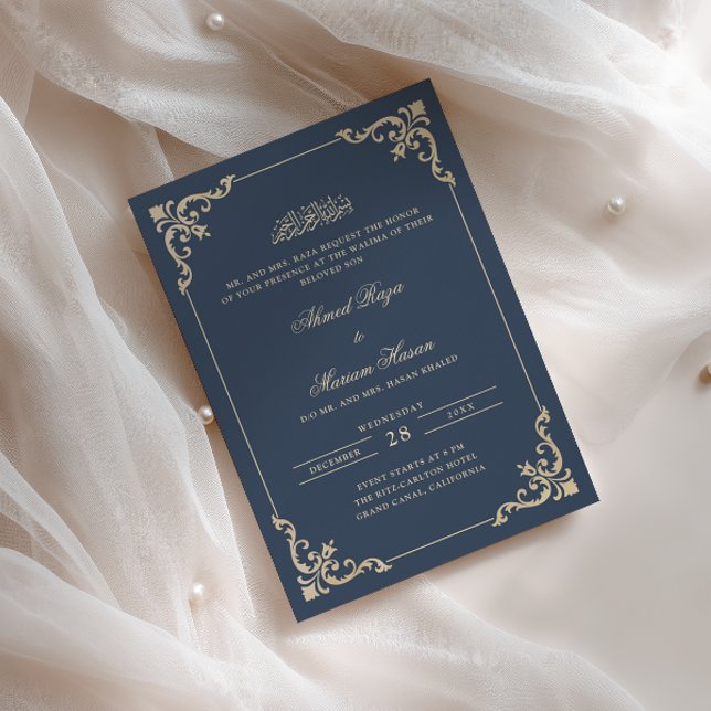 Invitation Cadre Orné Cérémonie Walima Bleu Nuit Or Script (Créateur téléchargé)