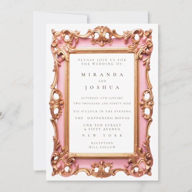 Invitation Cadre orné de filigrane doré rose avec fioritures (Devant)