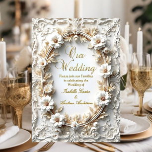 Invitation Cadre Orné Élégant Fleurs de Mariage Or Blanc