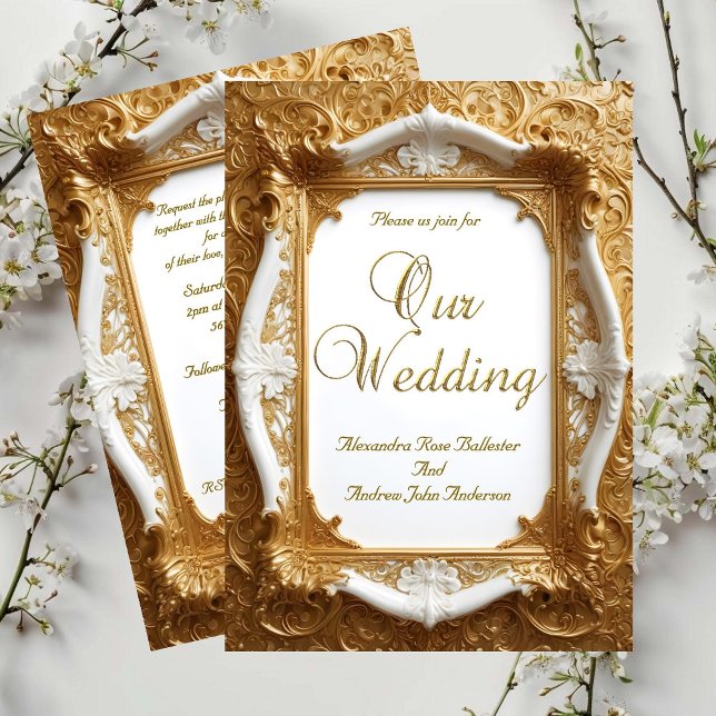 Invitation Cadre Orné Élégant Mariage Blanc Or (Créateur téléchargé)