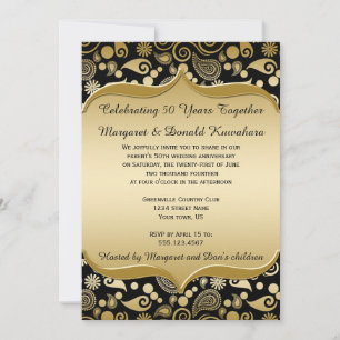 Invitation Cadre Orné Paisley Or Noir 50e Anniversaire