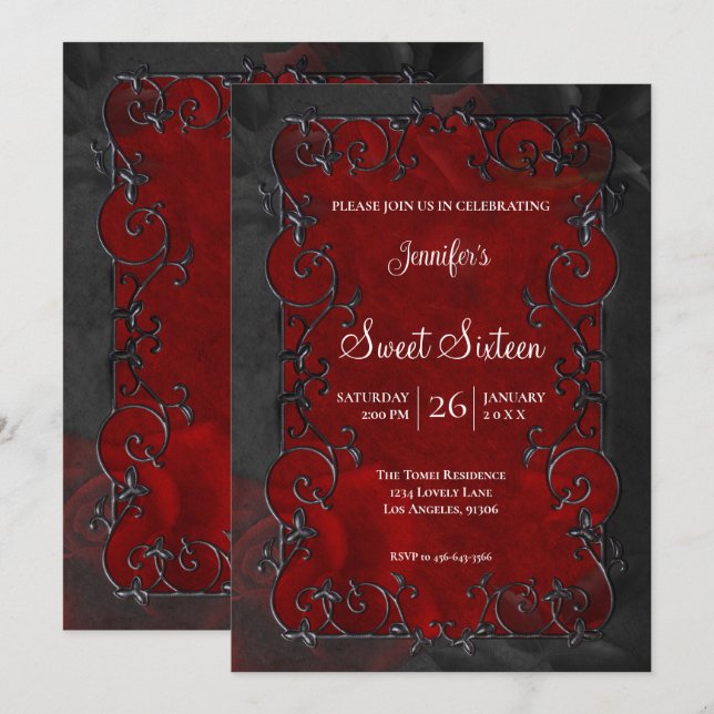 Invitation Cadre Orné Rouge 16 Ans Gothique Sucré (Devant / Derrière)