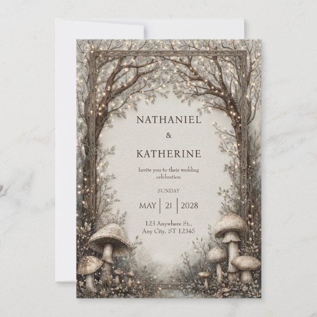 Invitation Cadre Orné Sépia Champignon Forêt Mariage (Devant)