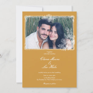 Invitation Cadre Orné Vintage Jaune Moutarde Photo de Mariage
