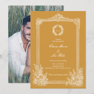 Invitation Cadre Orné Vintage Jaune Moutarde Photo de Mariage