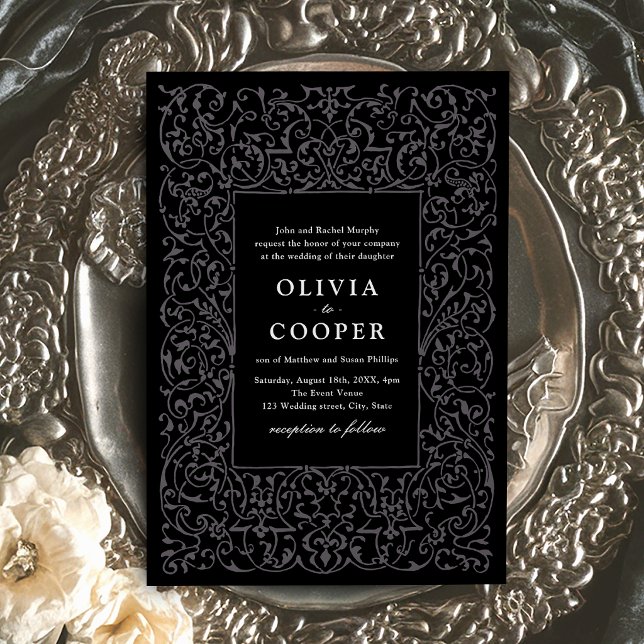 Invitation Cadre Orné Vintage Noir Mariage Classique  (Black Vintage Ornate Frame Classic Wedding Invitation)