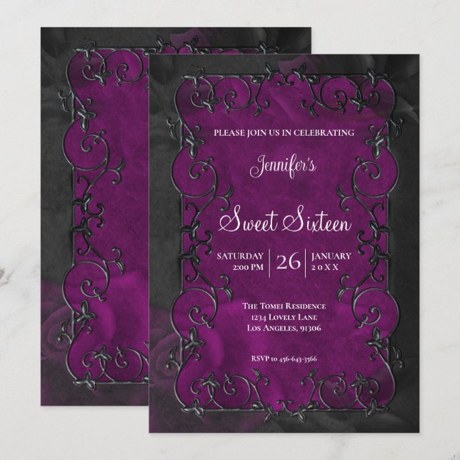 Invitation Cadre Orné Violet  Gothique Sweet 16 (Devant / Derrière)
