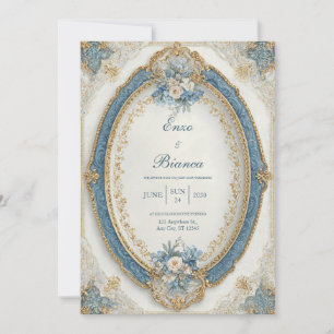 Invitation Cadre ovale bleu or victorien royal mariage