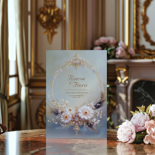 Invitation Cadre ovale doré à plumes bohème violet bijou mari