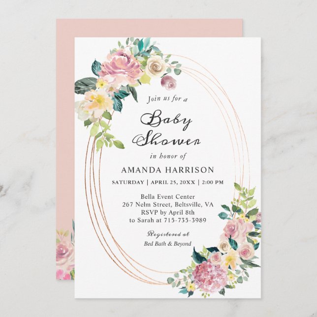 Invitation Cadre Ovale Moderne Baby shower Floral Pastel Blus (Devant / Derrière)
