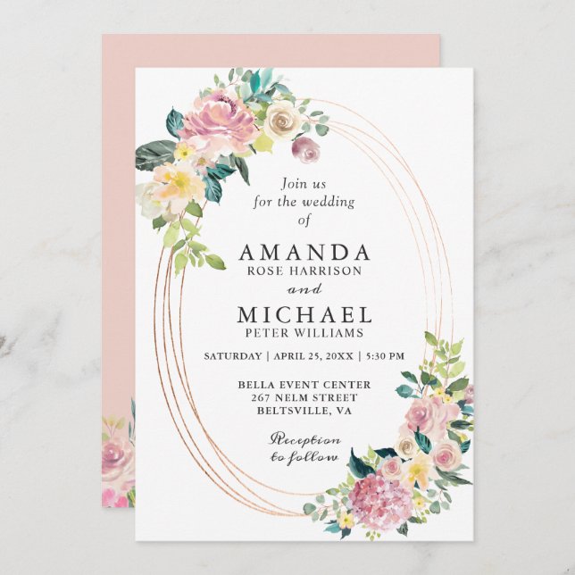 Invitation Cadre Ovale Moderne Pastel Blush Floral Mariage (Devant / Derrière)