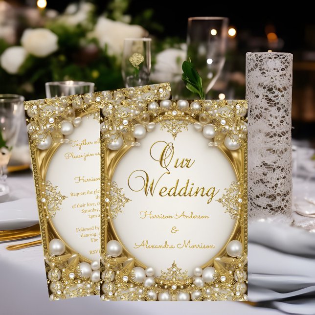 Invitation Cadre ovale perles dorées blanches beige crème pou (Créateur téléchargé)
