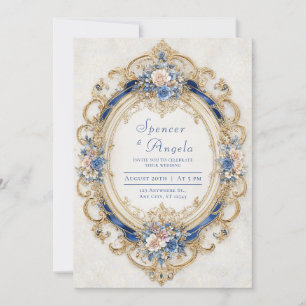 Invitation Cadre ovale rococo rose carminé or et bleu opulent