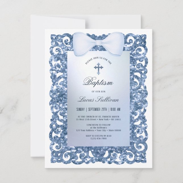 Invitation Cadre pailleté bleu Ruban Baptême (Devant)
