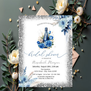 Invitation Cadre pailleté pour bouteille de vin à fleurs bleu
