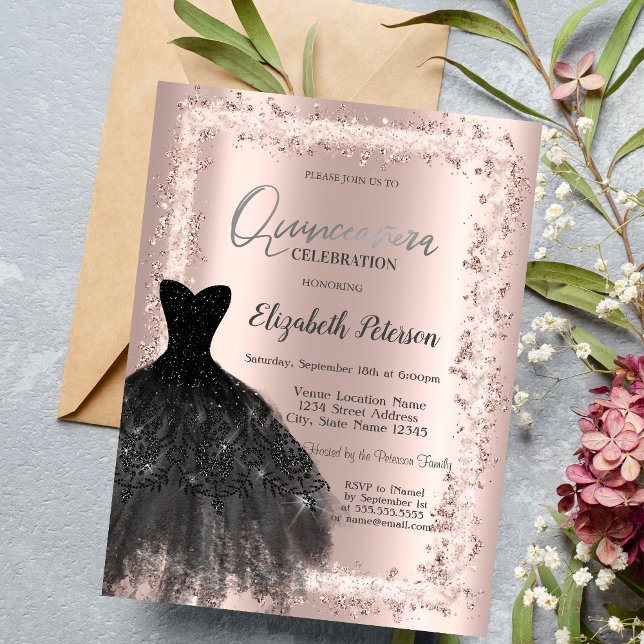Invitation Cadre Pailleté, Robe Noire Rose Gold 15e Anniversa (Créateur téléchargé)