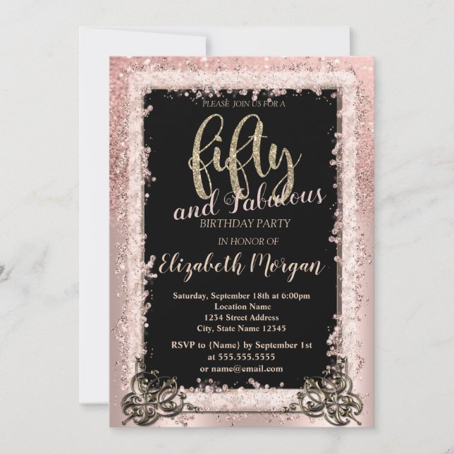 Invitation Cadre Pailleté Rose Doré Élégant Fête d'anniversai (Devant)