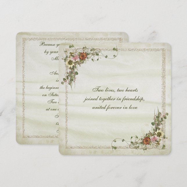 Invitation Cadre parties scintillant or avec bouquet fleuri (Devant / Derrière)