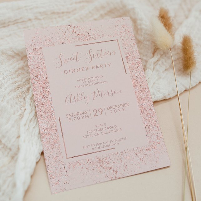 Invitation Cadre parties scintillant or rose rose pastel rose (Rose gold glitter frame pastel blush pink sweet 16 invitation)