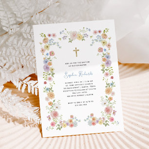 Invitation Cadre Pastel Floral et Croix Or Baptême
