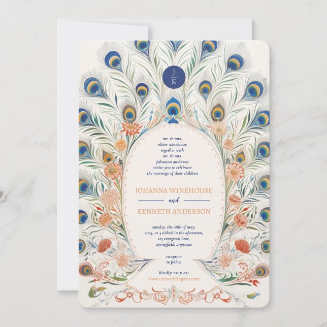 Invitation Cadre Peacock vintage | Mariage de monogramme (Devant)