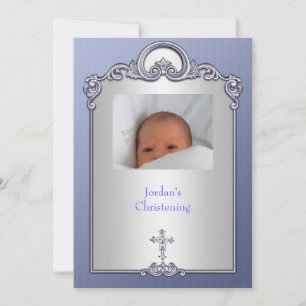 Invitation Cadre photo argent bleu Jewel Cross Christening