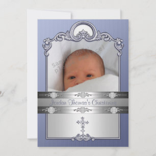 Invitation Cadre photo argent bleu Jewel Cross Christening