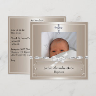 Invitation Cadre photo beige croix bijou baptême