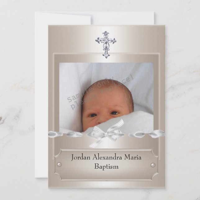 Invitation Cadre photo beige Croix de bijou Baptême long (Devant)