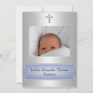 Invitation Cadre photo blanc métallisé croix baptême bleu