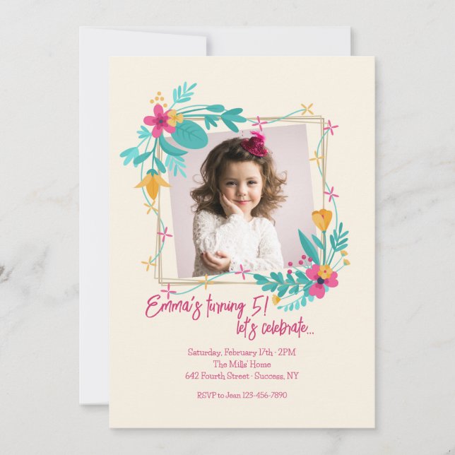 Invitation Cadre photo de fleurs pour filles (Devant)