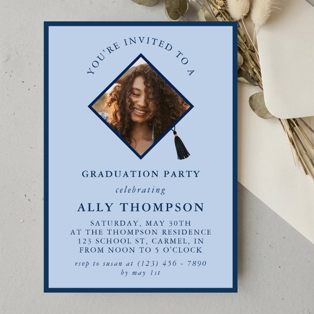 Invitation Cadre photo moderne bleu pour fête de remise de di (Modern Blue Photo Frame Graduation Party Invitation)