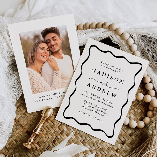 Invitation Cadre photo ondulé noir moderne pour mariage (Créateur téléchargé)