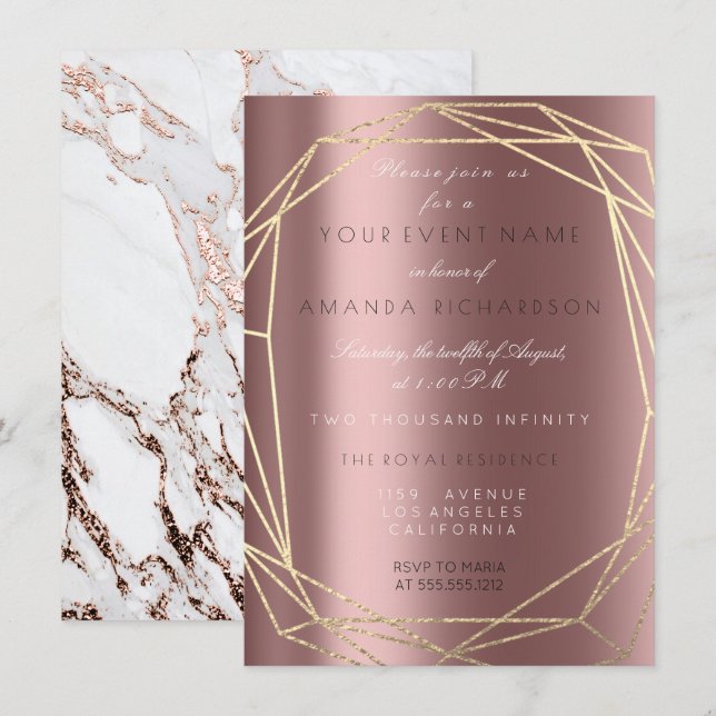 Invitation Cadre polygonal en marbre doré rose pour mariage e (Devant / Derrière)