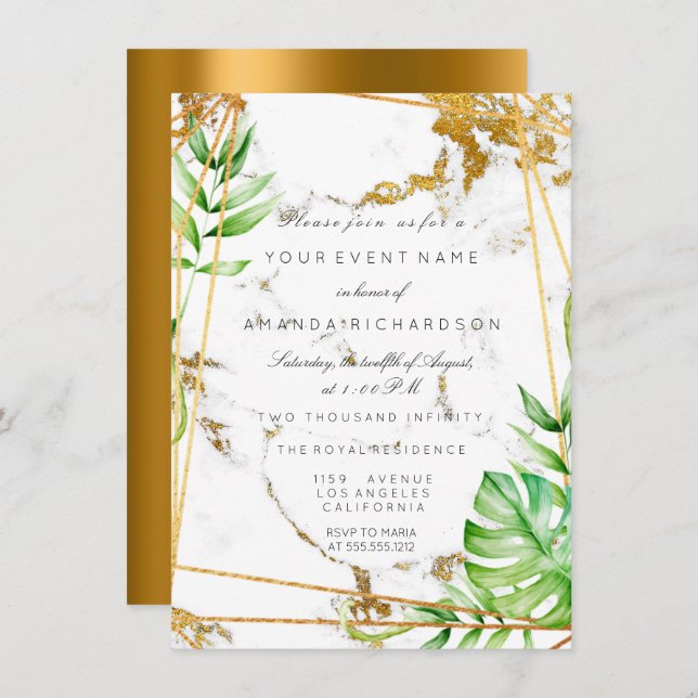 Invitation Cadre polygonal Monstera Gold de verdure en marbre (Devant / Derrière)