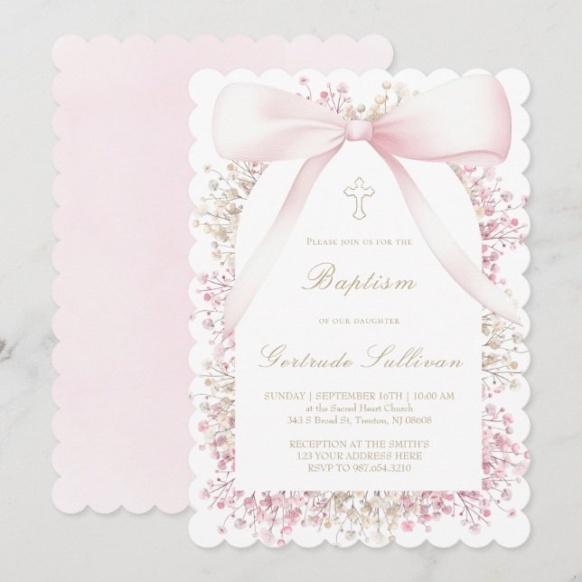 Invitation cadre respirant bébé ruban rose | Baptême (Devant / Derrière)